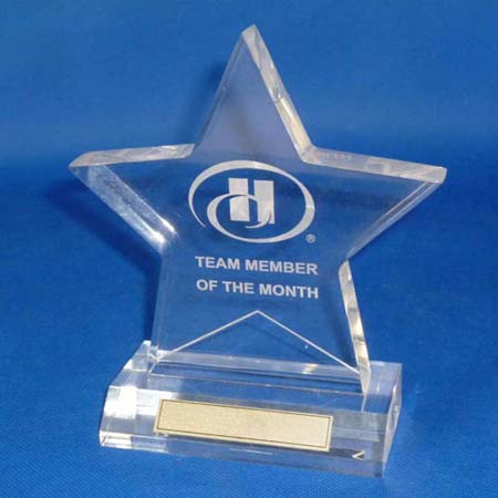 Custom clear acrylic star shape award with HILTON logo 2B25