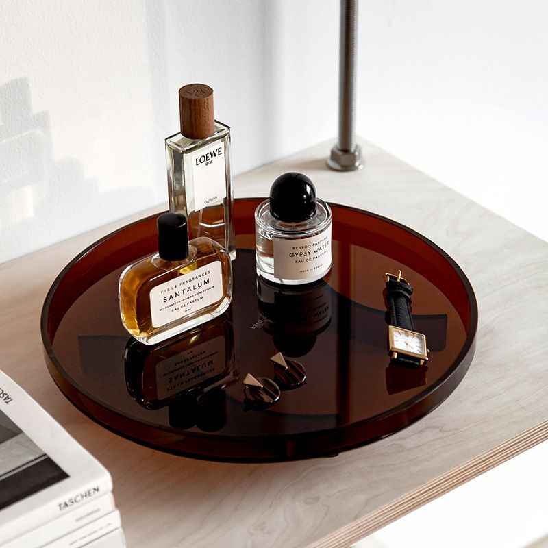 Counter decorative acrylic brown round perfume tray, makeup bathroom tray, vanity tray 5E77