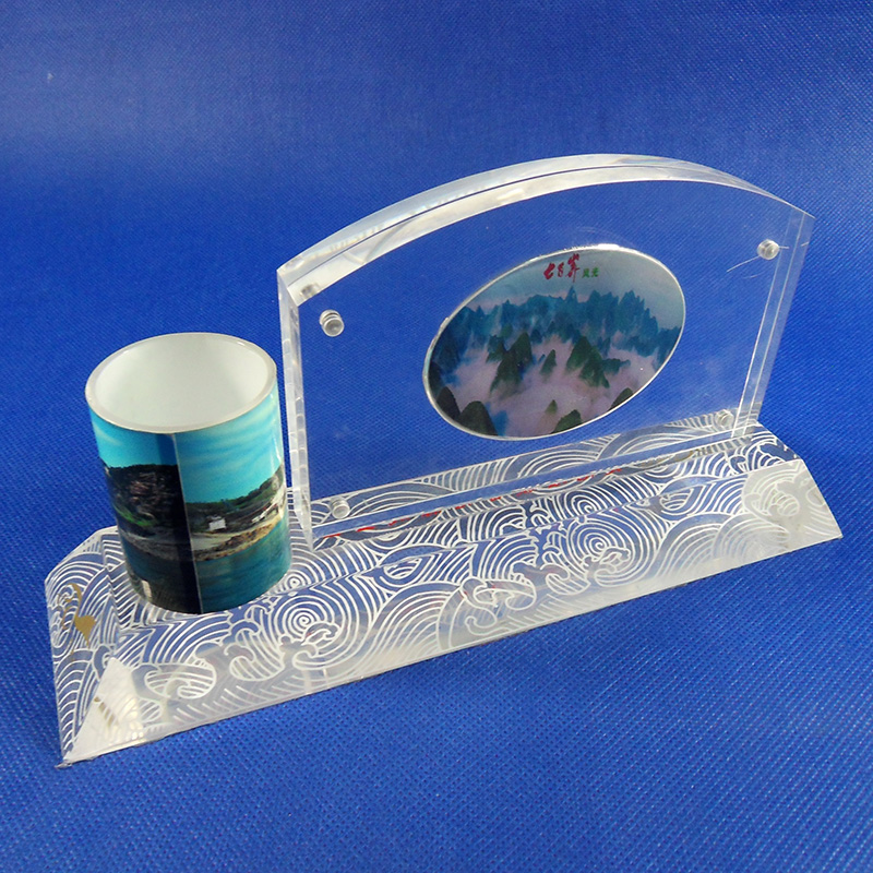 Acrylic tube pen holder with photo frame 6127